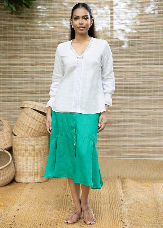 V neck linen long sleeve blouse with lace detailing