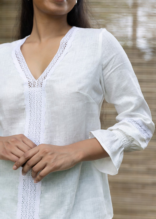V neck linen long sleeve blouse with lace detailing