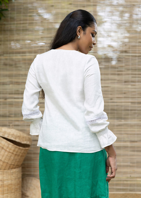 V neck linen long sleeve blouse with lace detailing