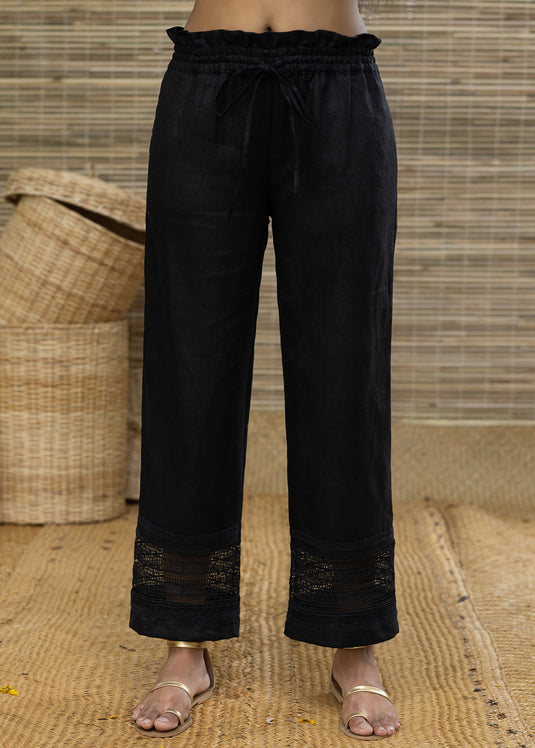 Linen Drawcord Pant With Bottom Lace Detail