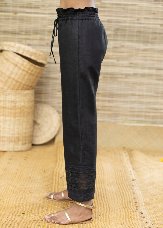 Linen Drawcord Pant With Bottom Lace Detail