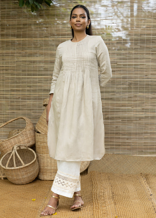 Linen Long Length Kurtha Top With Front Pin Tucks And High Side Slits