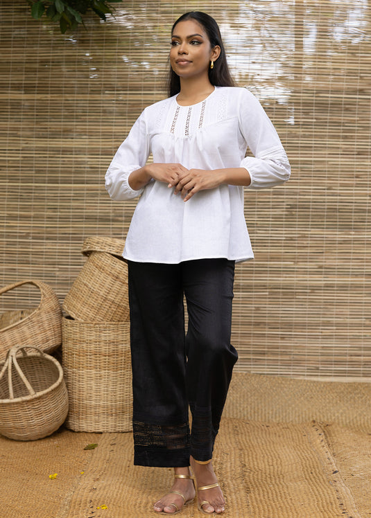 Linen Blouse With Lace And Pin Tuck Detail