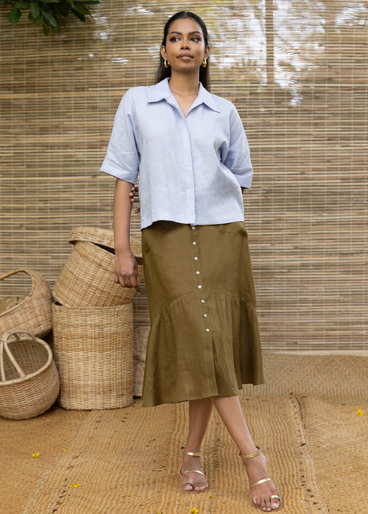 Button down linen midi skirt