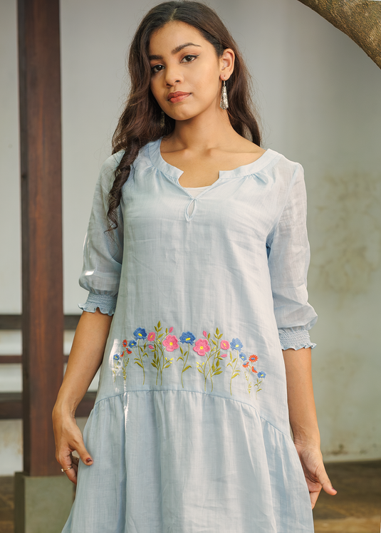 Drop Waist Ramie Dress With Embroidery