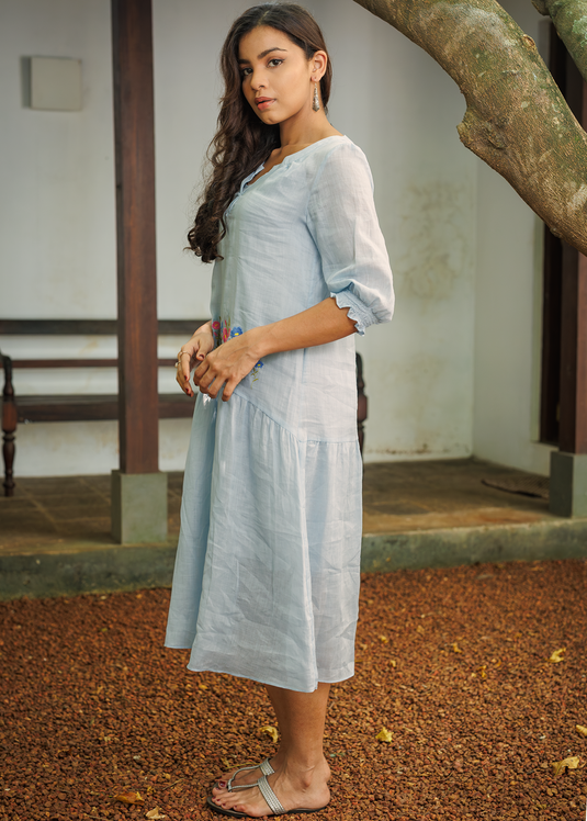 Drop Waist Ramie Dress With Embroidery