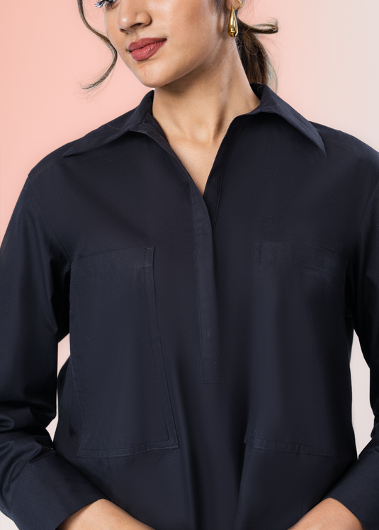 Long Sleeve Dress With Shot Placket And Large Front Pockets