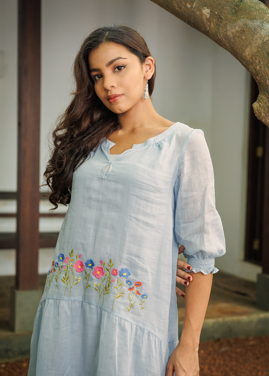 Drop Waist Ramie Dress With Embroidery