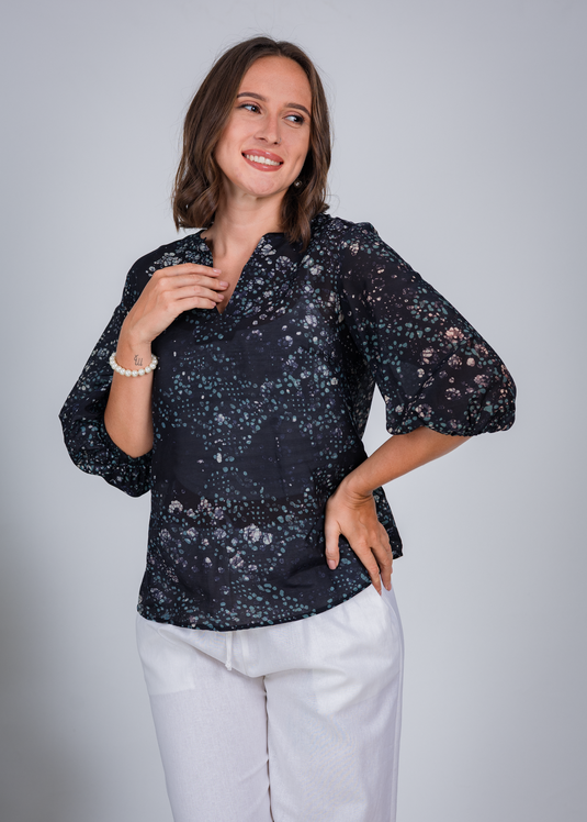 Balloon Sleeve V- Neck Top