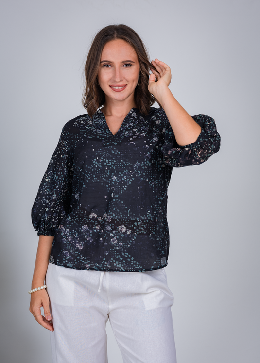 Balloon Sleeve V- Neck Top