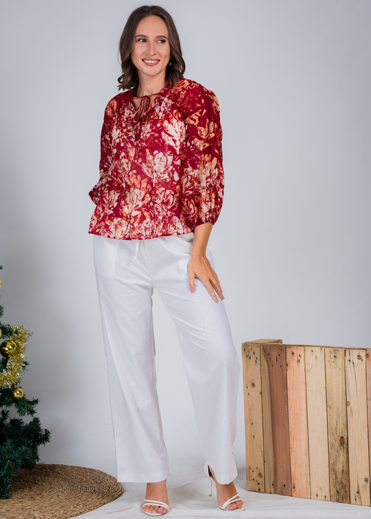 Batik Tie Front Top With Puff Long Sleeves