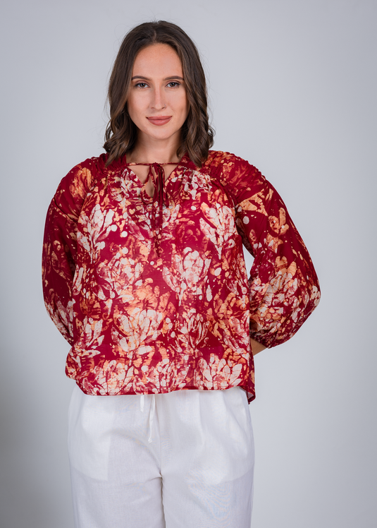 Batik Tie Front Top With Puff Long Sleeves