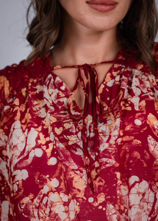 Batik Tie Front Top With Puff Long Sleeves