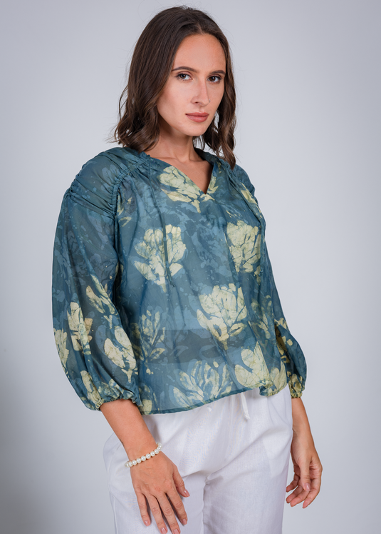 Batik Tie Front Top With Puff Long Sleeves
