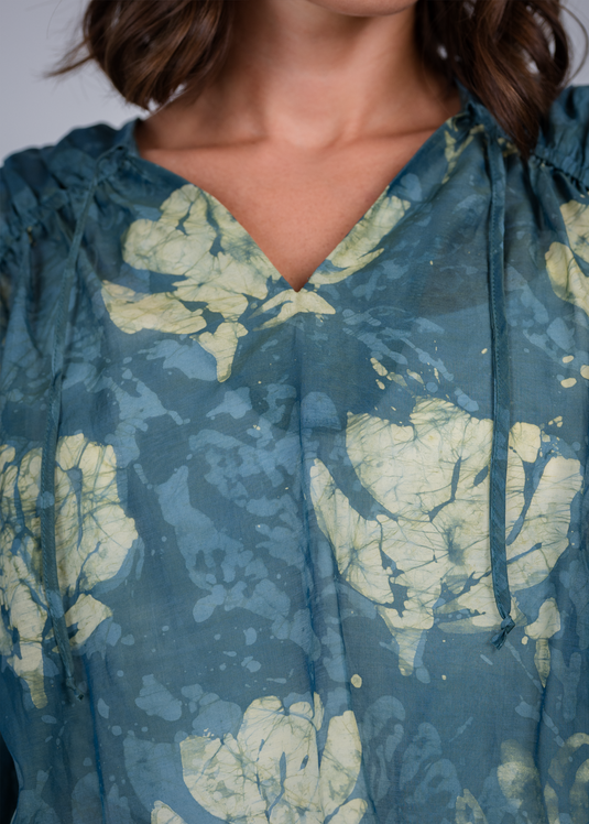 Batik Tie Front Top With Puff Long Sleeves