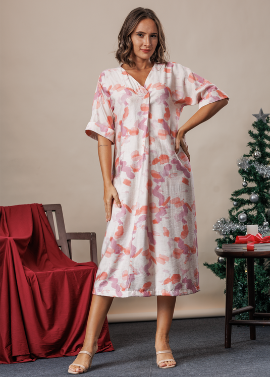 Printed V neck kimono sleeve midi dress