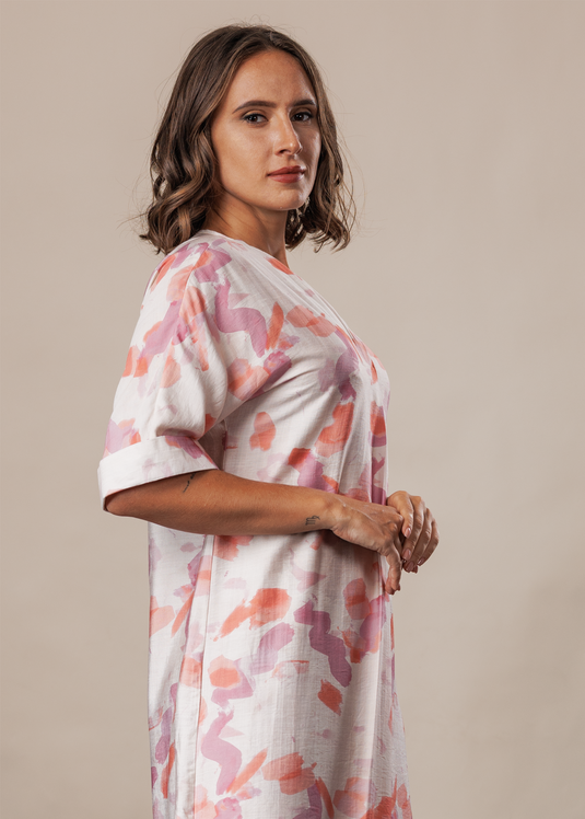 Printed V neck kimono sleeve midi dress