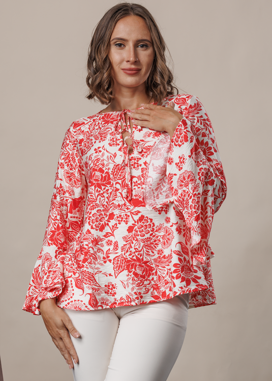 Printed flounce sleeve blouse with ties