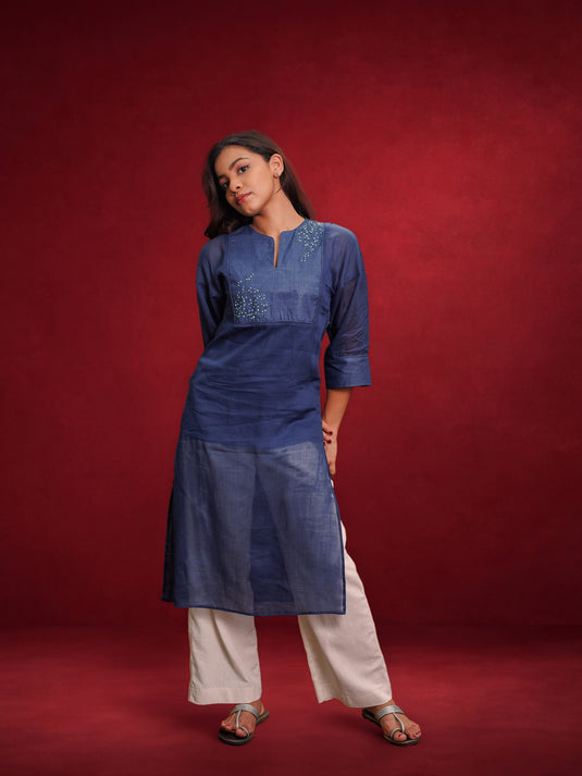 Long Ramie Kurtha With Hand Embroidery