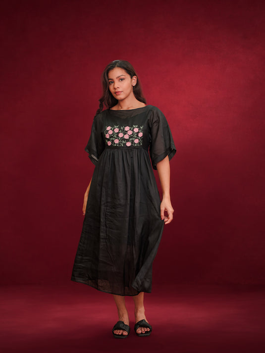 Kimono Sleeve Ramie Dress With Embroidery