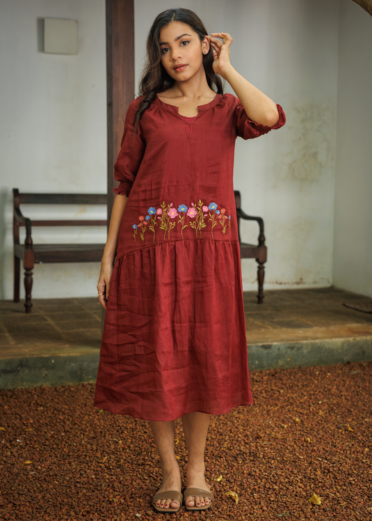 Drop Waist Ramie Dress With Embroidery