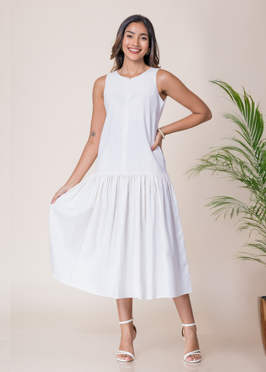 Sleeveless Round Neck Midi Dress With Front Invisible Zipper