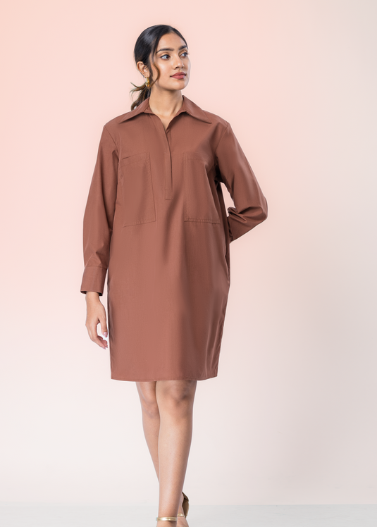 Long Sleeve Dress With Shot Placket And Large Front Pockets