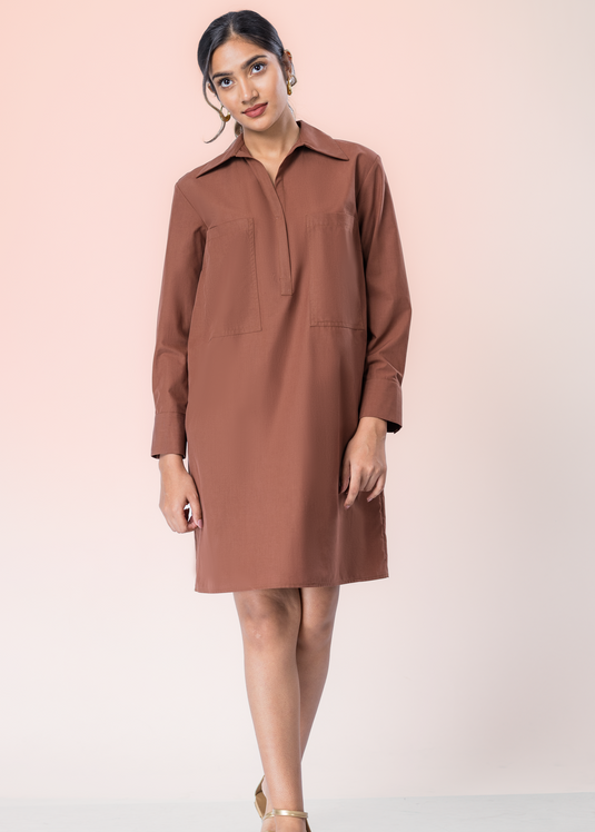 Long Sleeve Dress With Shot Placket And Large Front Pockets