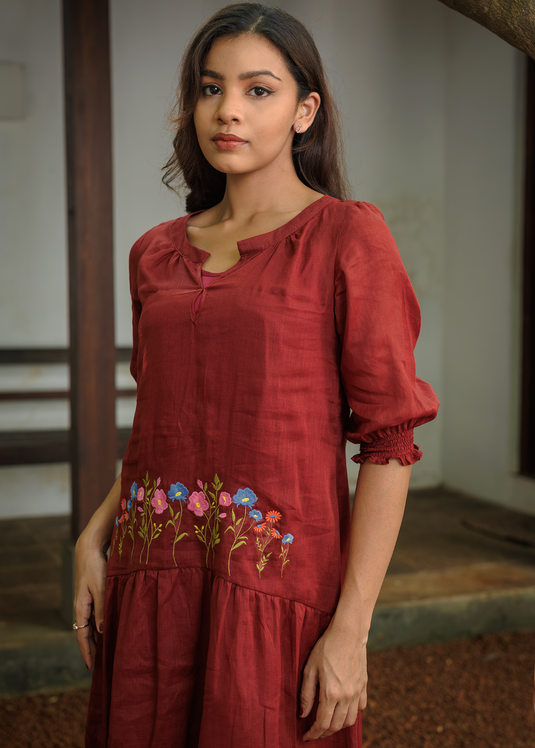 Drop Waist Ramie Dress With Embroidery