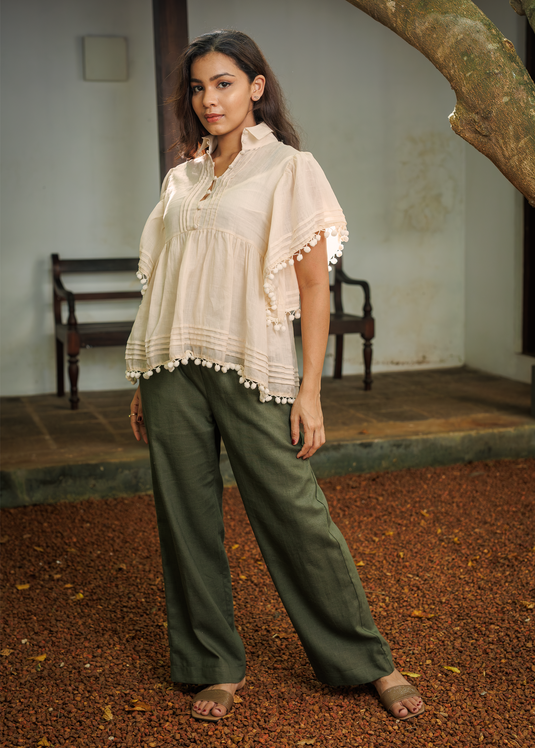 High Neck Button down Ramie Blouse With Pom Pom & Pintuck Detail