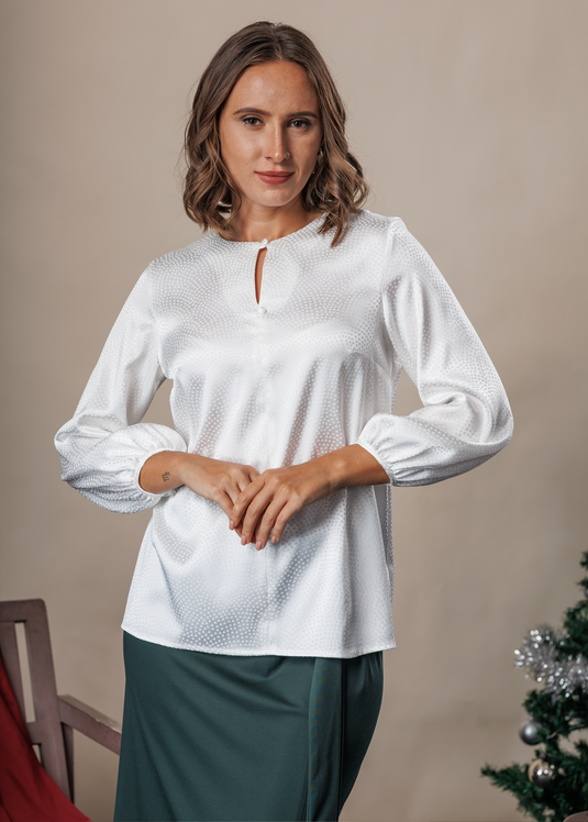 Round neck satin blouse with front keyhole