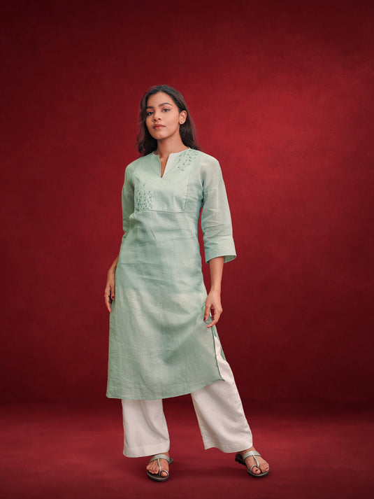 Long Ramie Kurtha With Hand Embroidery
