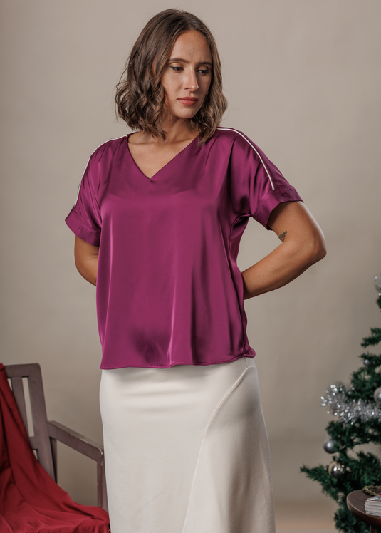 V neck satin blouse with contrast piping detail