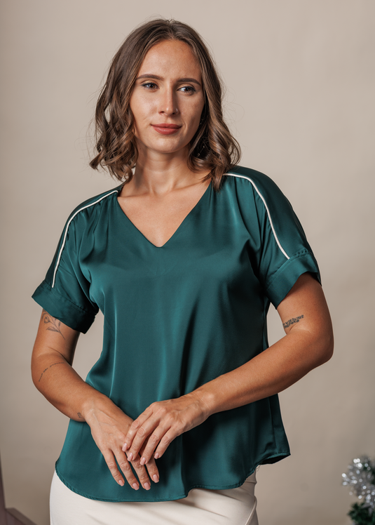 V neck satin blouse with contrast piping detail