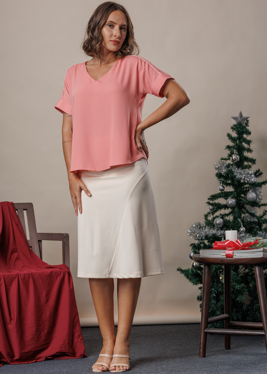 V neck satin blouse with contrast piping detail