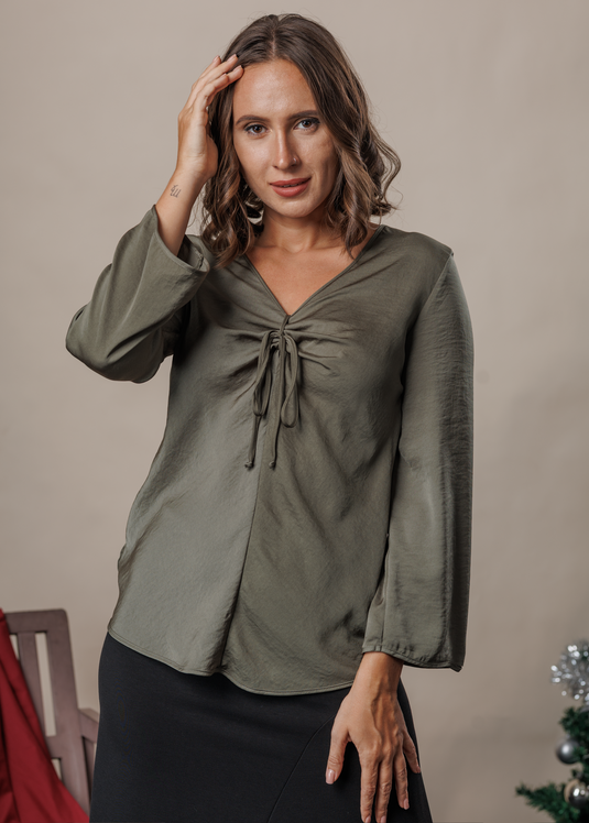 V neck long sleeve satin blouse