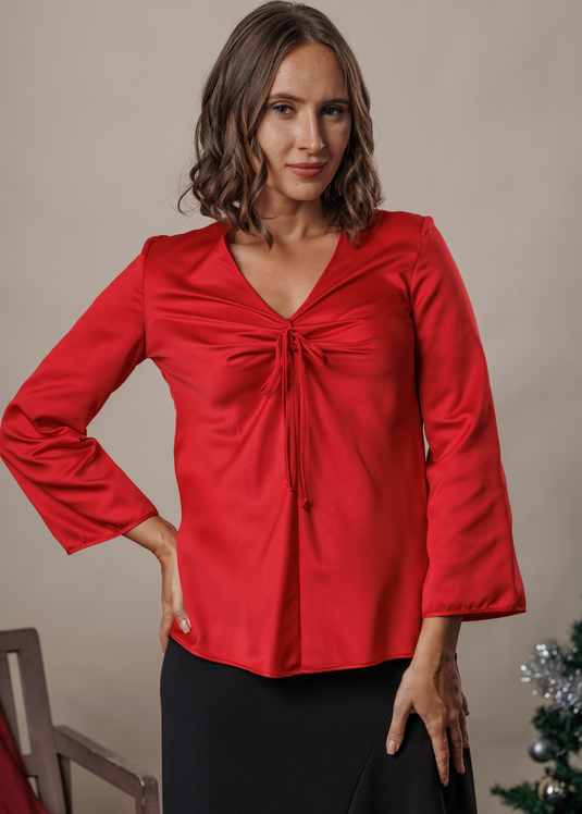 V neck long sleeve satin blouse