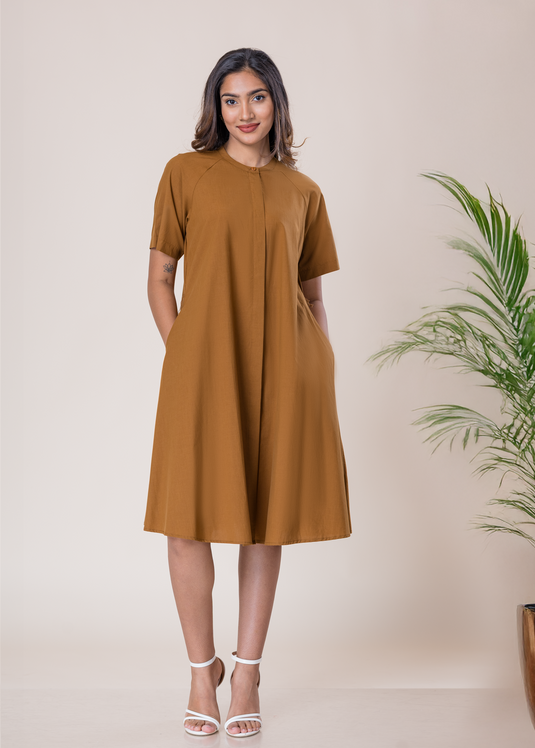 Short Sleeve Button Down Dress With Mandarin Collar
