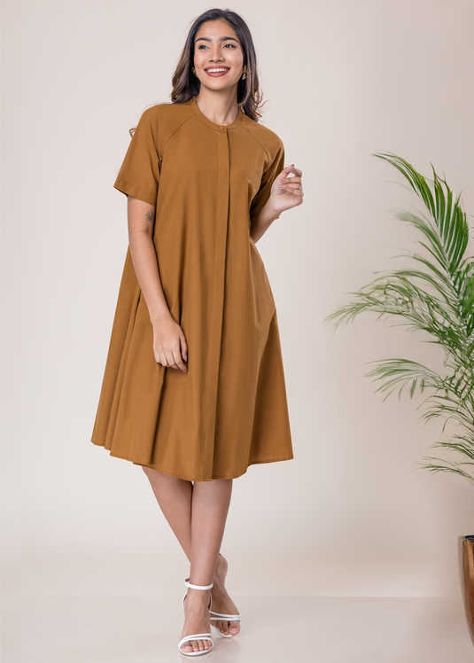 Short Sleeve Button Down Dress With Mandarin Collar