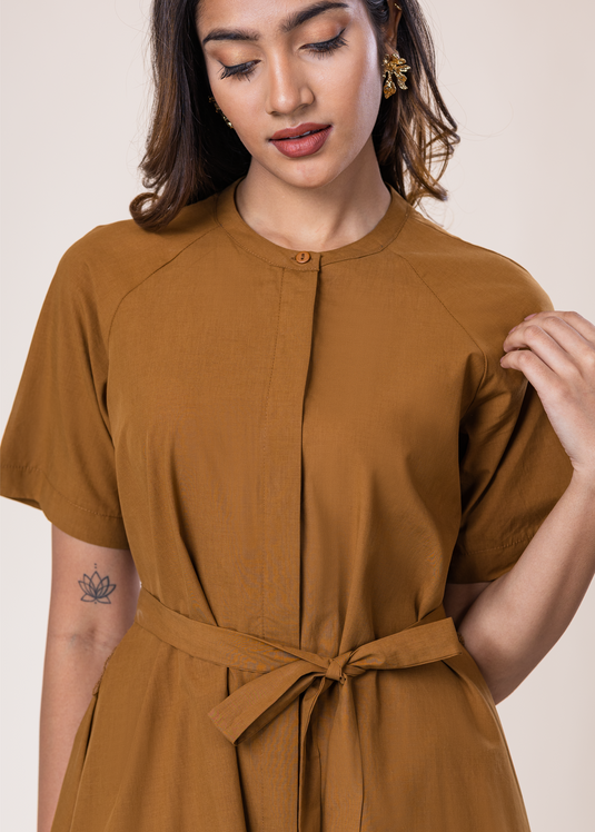 Short Sleeve Button Down Dress With Mandarin Collar