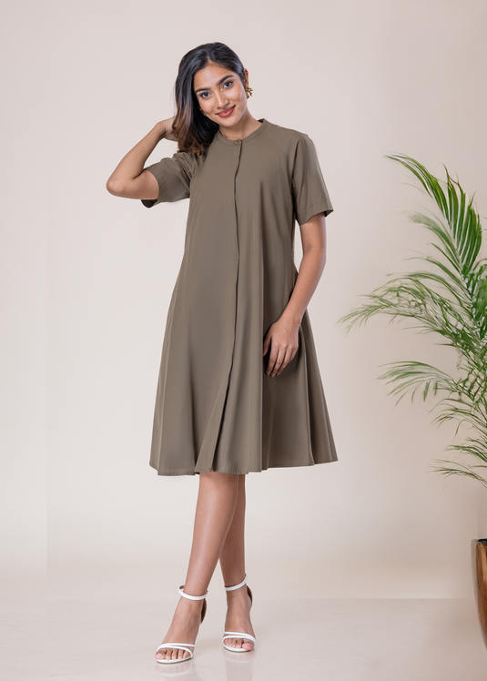 Short Sleeve Button Down Dress With Mandarin Collar