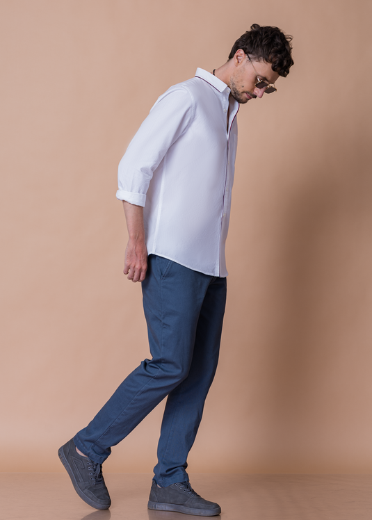 Men’s Slim Fit White Detailed Stripe Long Sleeve Shirt