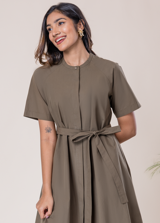 Short Sleeve Button Down Dress With Mandarin Collar