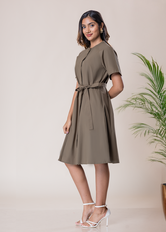 Short Sleeve Button Down Dress With Mandarin Collar