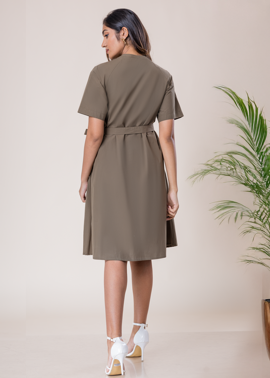 Short Sleeve Button Down Dress With Mandarin Collar