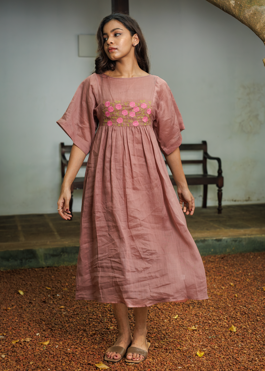 Kimono Sleeve Ramie Dress With Embroidery