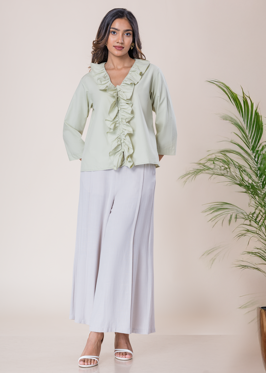 V Neck Button Down Top With Frill