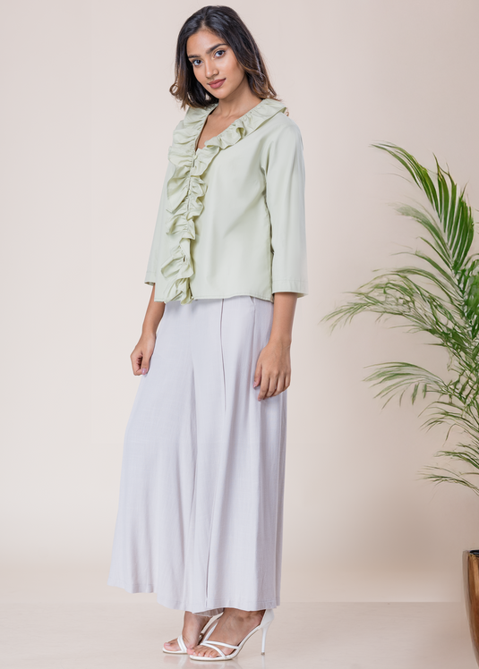 V Neck Button Down Top With Frill