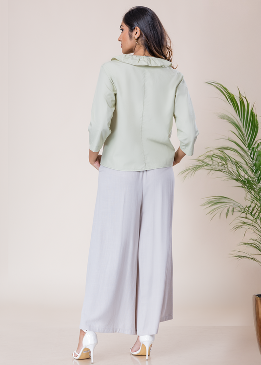 V Neck Button Down Top With Frill