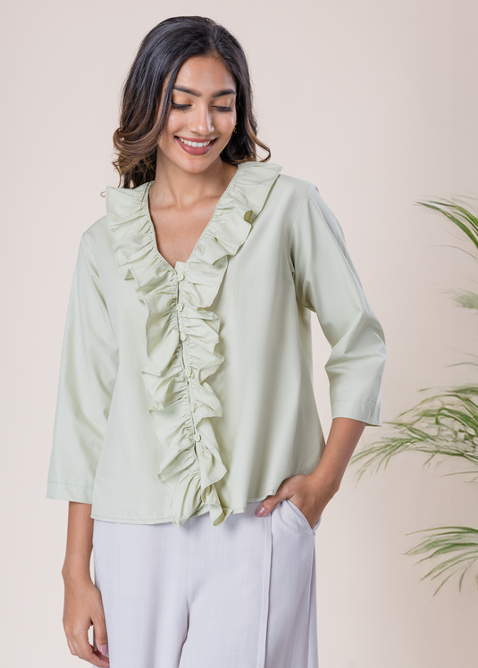 V Neck Button Down Top With Frill